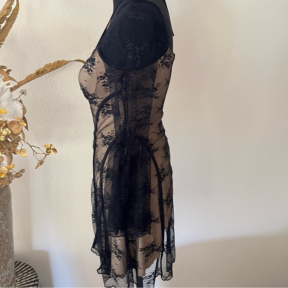 Whimsygoth Black Lace Overlay Fitted Mini Dress with Lace Bell Sleeves NWT - Picture 3 of 10